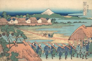 Fuji in der Ferne vom Vergnügungsviertel Senju gesehen, ca. 1830-32