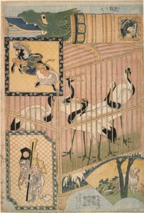 Japanischer Käfig und Mandschurische Kraniche, aus einer Serie Werbung für Riesenstrohwerke auf einer Messe von Katsushika Hokusai