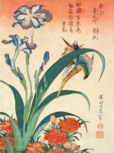 Eisvogel, Iris und Nelken, veröffentlicht von Nishimura Eijudo, ca. 1832, eines von zehn Drucken