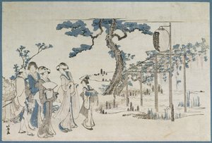 Damen besuchen die Glyziniengärten in Kameido