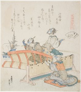 Herstellung von Bambusjalousien, Illustration für Die Bambus-Jalousien-Muschel, aus der Serie "Ein Zuordnungsspiel mit Gedichtmuscheln aus der Genroku-Periode"
