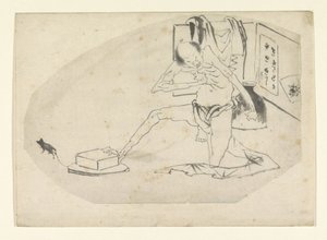 Mann im Lendenschurz, eine Kiste und eine Maus von Katsushika Hokusai