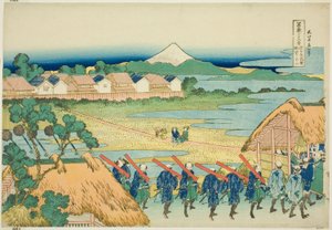 Der Berg Fuji vom Vergnügungsviertel Senju aus gesehen (Senju kagai yori chobo no Fuji), aus der Serie "Sechsunddreißig Ansichten des Berges Fuji (Fugaku sanjurokkei)"