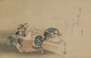 Reis stampfen für Mochi, beschriftet von Momomoto Hinamaro, Edo-Periode, ca. 1822 (Tinte und Farbe auf Seide, als Hängerolle montiert)