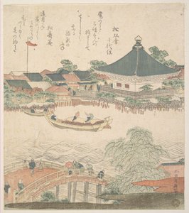 Flusslandschaft mit Brücke im Vordergrund von Katsushika Hokusai