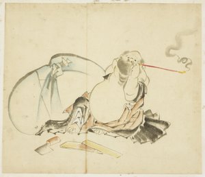 Sitzender Hotei, der eine Pfeife raucht von Katsushika Hokusai