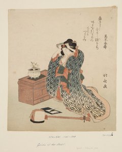 Shamisen-Spielerin richtet ihr Haar von Katsushika Hokusai