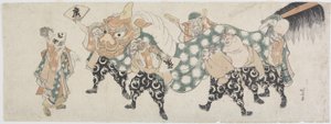 Sechs männliche Götter führen den Löwentanz auf, 1797-1819 von Katsushika Hokusai