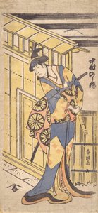Der Schauspieler Nakamura Noshio II in Frauenrolle, hält eine Shakuhachi, 1796 von Katsushika Hokusai