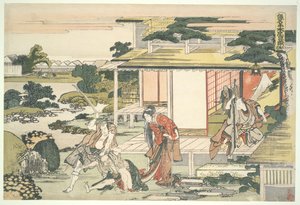 Die loyale Liga der siebenundvierzig Rōnin (Chūshingura), Akt VII: Teestuben-Szene. Ichiriki Heiyemon zieht den Spion Kudayū heraus von Katsushika Hokusai