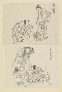Zwei Theaterszenen, eine mit einem Mann und einer Frau und eine mit einem Mann und einer Fuchsfrau von Katsushika Hokusai