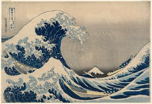 Unter der Welle vor Kanagawa (Kanagawa-oki nami-ura), auch bekannt als Die große Welle, aus der Serie Sechsunddreißig Ansichten des Berges Fuji (Fugaku sanjūrokkei) von Katsushika Hokusai