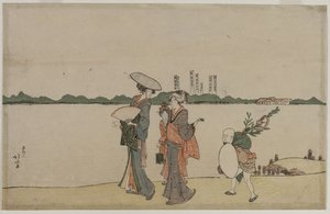 Frauen und Kinder gehen entlang des Sumida-Flusses