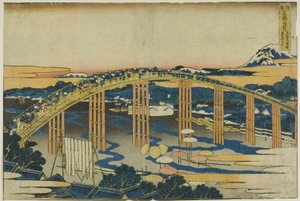 Yahagi-Brücke bei Okazaki auf der Tokaido, aus der Serie „Ungewöhnliche Ansichten berühmter Brücken in verschiedenen Provinzen“ von Katsushika Hokusai