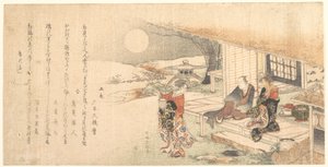 Junge Dame mit Lampe; Mann und Frau auf der Veranda eines Teehauses von Katsushika Hokusai