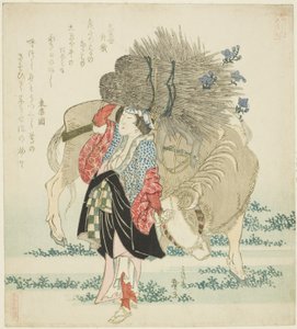Eine Frau aus Ohara, die einen Ochsen führt, aus der Serie "Fünf Jahresfeste für den Katsushika-Kreis (Katsushika gosekku)"