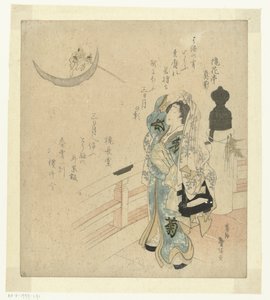 Frau auf einer Brücke, die den Mond betrachtet von Katsushika Taito II