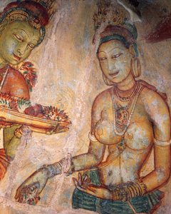 Apsaras, himmlische Nymphe, die Blumen anbietet, Fresko, befestigte Zitadelle von Sigiriya (UNESCO-Welterbeliste)