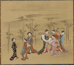 Sieben junge Frauen in einem Bambushain, 18. Jahrhundert von Kawamata Tsunemasa