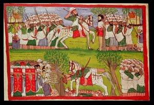 Verbrennung von Kirchen durch Muslime und der Tod von Cristobal de Gama und der Fall und Tod von Ahmed ibn Ibrahim al-Ghazi (1506-43) erschossen von einem portugiesischen Musketier, ca. 1900