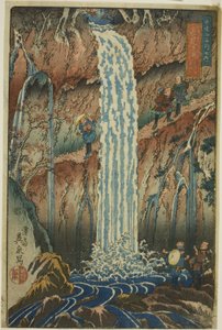 Rückwärtsblickender Wasserfall, einer der drei Wasserfälle (Urami-ga-taki, santaki no sono ikkei), aus der Serie "Berühmte landschaftliche Orte in den Bergen von Nikko (Nikkosan meisho no uchi)"