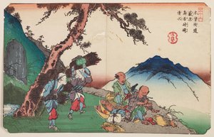 Yabuhara, Reisende und Frauen mit Reisig, Tafel 36 aus der Serie: Die neunundsechzig Stationen der Kisokaido-Straße / Kisokaido rokujukyu tsugi-no uchi von Keisai Eisen