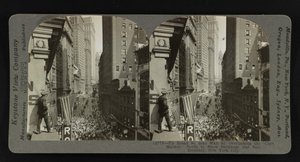 Oben Broad St. in der Nähe von Wall St., mit Blick auf den "Curb Market", nach Norden zur Börse und Sub-Treasury, New York City von Keystone View Company