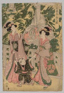 Zwei Mädchen und ein Kind auf der Tempelbrücke von Kikugawa Eizan