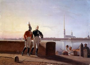Der russische Zar Alexander I. (1777-1825) und sein Bruder Konstantin am Ufer der Newa
