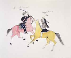 Symbolische Darstellung des Konflikts zwischen den Indianern und den Weißen, dargestellt durch ihre beiden berühmtesten Anführer, General Custer und Crazy Horse