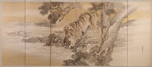Sechsteilige Leinwand, die einen trinkenden Tiger darstellt von Kishi Ganku