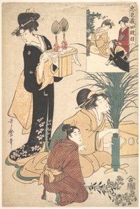 Eine Frau und ein Mann arrangieren Blumen für das Tsukimi (Mondfest) von Kitagawa Utamaro