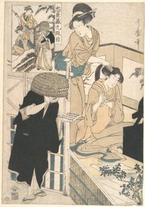 Eine Frau bei ihrer Toilette vor einem Spiegel, ihr Haar wird von einer Kameyui (Friseurin) gekämmt von Kitagawa Utamaro