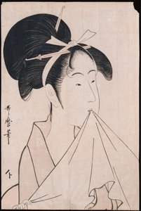 Ein Brustporträt von Okita von der Naniwaya, die ein Handtuch in den Zähnen hält und das Tuch dehnt