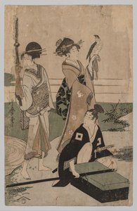 Daimio und sein Gefolge überqueren einen Bach in der Ebene bei Fuji, 1753-1806