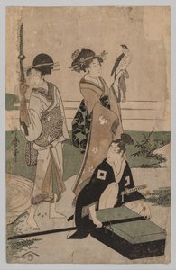Daimyō und sein Gefolge überqueren einen Bach in der Ebene bei Fuji