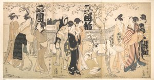 Ausstellung der Schätze im Mimeguri-Schrein (Mimeguri jinja no onkaichō) von Kitagawa Utamaro
