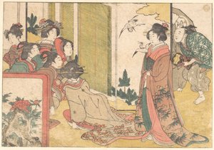 Von Darstellern unterhaltene Mädchen, aus dem illustrierten Buch „Blumen der vier Jahreszeiten“ von Kitagawa Utamaro