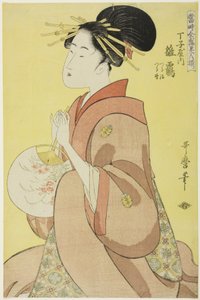 Hinazuru von der Chojiya, deren Begleiter Tsuruji und Tsuruno sind von Kitagawa Utamaro
