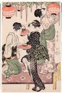 Teestubenmädchen unter einem Glyzinien-Spalier von Kitagawa Utamaro