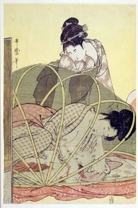 Mutter stillt Baby unter Moskitonetz von Kitagawa Utamaro
