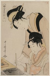 Mutter lehrt ihre Tochter Kalligraphie, aus der Serie Zwölf Berufe der Frauen von Kitagawa Utamaro