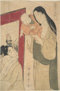 Mutter, Vater, Baby und Kaninchen: Sieben Augen beobachten zusammen von Kitagawa Utamaro