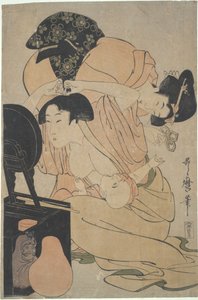Mutter mit stillendem Baby und Begleiterin von Kitagawa Utamaro