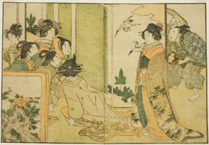 Neujahrs-Manzai-Aufführung in der Residenz eines Feudalherren, aus dem illustrierten Buch "Bilderbuch: Blumen der vier Jahreszeiten (Ehon shiki no hana)," Bd. 1