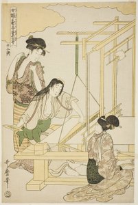 Nr. 12 (Juni), aus der Serie "Frauen in der Seidenraupenzucht (Joshoku kaiko tewaza-gusa)" von Kitagawa Utamaro