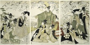 Parodie von Minamoto no Yoritomo, der Kraniche in Yuigahama freilässt von Kitagawa Utamaro