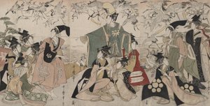 Parodie auf Yoritomo, der Kraniche freilässt (Mitate Yoritomo hōkaku) von Kitagawa Utamaro