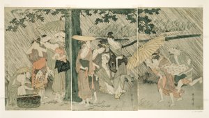 Schutz vor einem plötzlichen Regenschauer von Kitagawa Utamaro