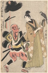 Souvenir-Gemälde aus Ōtsu, gelagert in Edo (Edo shi-ire Ōtsu miyage) Fußsoldat mit Speer und Falkner von Kitagawa Utamaro